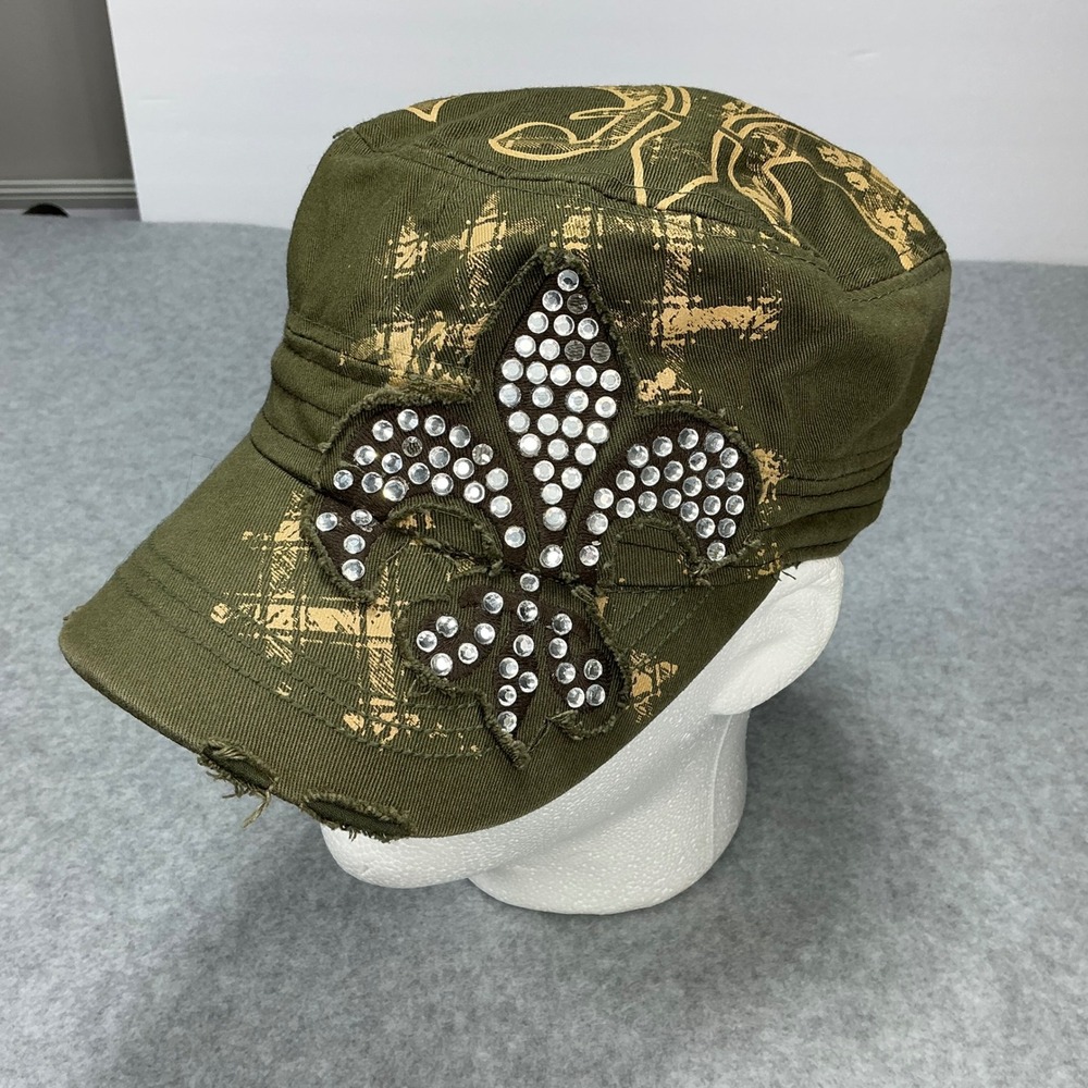 Leader Cadet Cap Mens Green Cotton Fleur De Lis Rhinestone Distressed Military